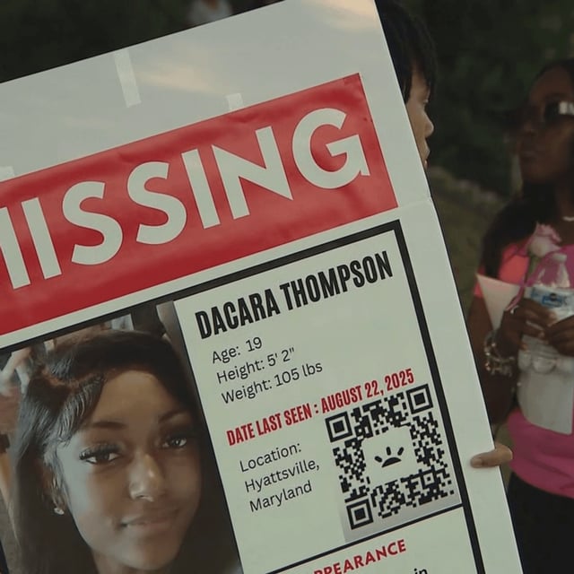 The family of Maryland resident Dacara Thompson held a vigil in Langley Park, Md. on Aug. 31, 2025, as police search for the woman last seen on Aug. 22. (7News)