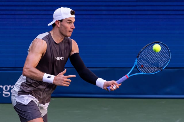 Aug 25, 2025; Flushing, NY, USA; Britain's Jack Draper in action against Federico Agustin Gomez of Argentina in the first round of the men’s singles at the US Open at Louis Armstrong Stadium in Billie Jean King National Tennis Centre. Mandatory Credit: Mike Frey-Imagn Images/File Photo