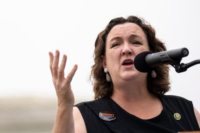 WASHINGTON, DC - JUNE 22: Rep. Katie Porter (D-CA) speaks during a small rally in front of the U.S. Supreme Court calling for ethics reform on the High Court on June 22, 2023 in Washington, DC. The event was hosted by progressive advocacy group People for the American Way. (Photo by Drew Angerer/Getty Images)