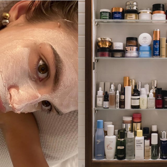 A woman wearing a face mask juxtaposed with a skincare cabinet
