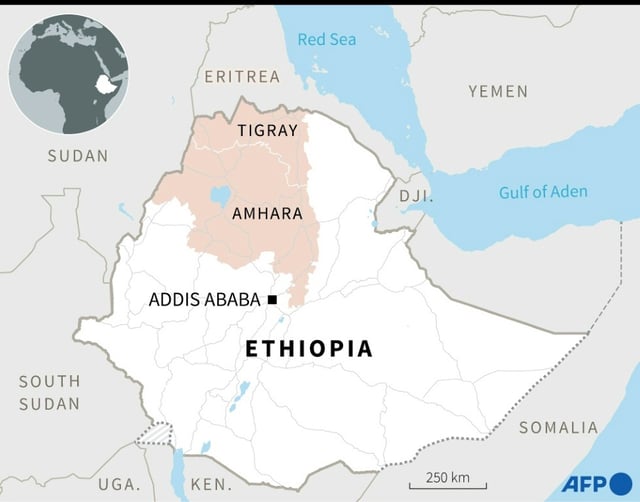 Map of Ethiopia locating the Tigray and Amhara regions.