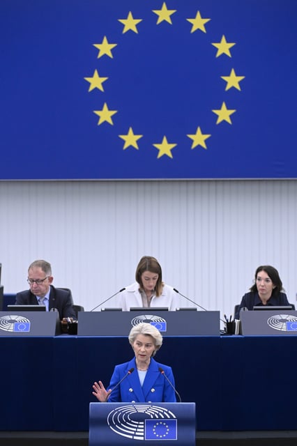 European Commission president Ursula von der Leyen delivers her statement on EU response to recent Russian violations of the EU Member States' airspace and critical infrastructure, Wednesday, Oct. 8, 2025 at the European Parliament in Strasbourg, eastern France. (AP Photo/Pascal Bastien)