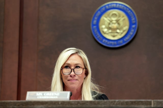 Rep. Marjorie Taylor Greene, R-S.C., presides over a hearing of the House Oversight Subcommittee in the U.S. Capitol, on Feb. 26, 2025.