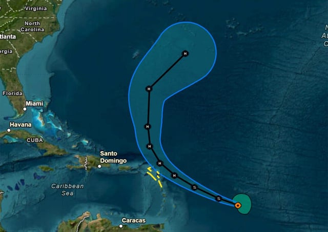 Tropical Storm Jerry's cone of uncertainty as of 5 a.m. Wednesday, Oct. 8, 2025. (NHC)