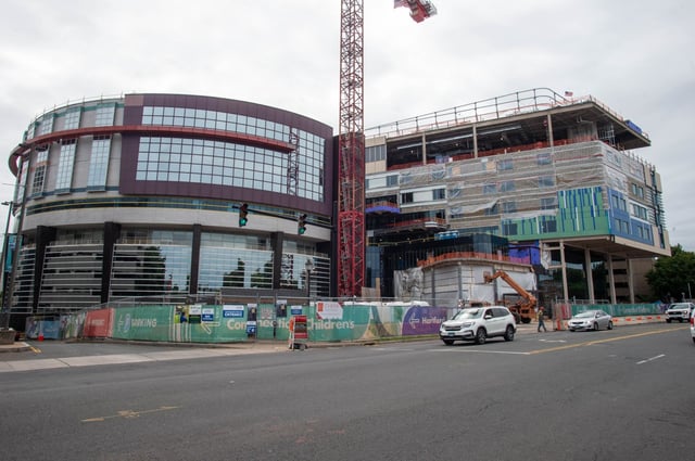 In a file  photo from 2024, construction of a new patient tower was well underway Connecticut Children's in Hartford. (Aaron Flaum/Hartford Courant)
