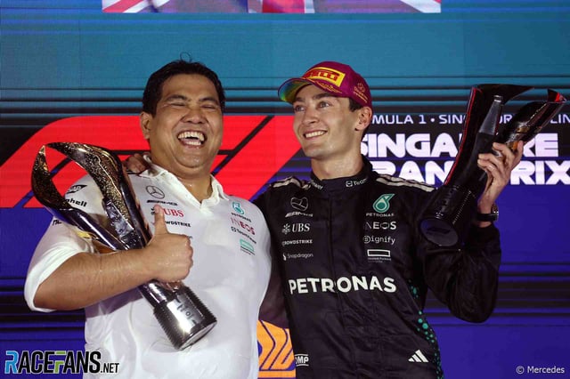 Tengku Muhammad Taufik and George Russell on the podium, Singapore, 2025