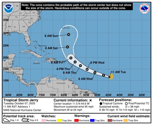 The National Hurricane Center's first official track forecast for Tropical Storm Jerry, the tenth-named storm of the 2025 hurricane season. The cone shows only the likely path of the center of the storm and not its full impacts, and the center of the storm could pass outside the cone.