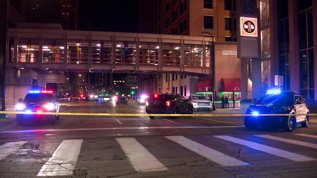 Minneapolis police at the scene of a shooting along South Fourth Street near Fifth Avenue on Oct. 8, 2025. (KSTP-TV)