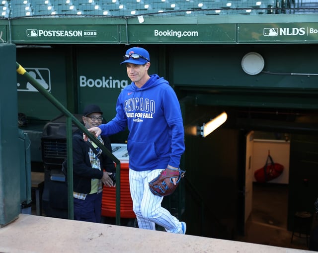 Cubs manager Craig Counsell comes onto the field for a workout at Wrigley Field on Tuesday, Oct. 7, 2025, ahead of Game 3 of the NL Division Series against the Brewers. (Chris Sweda/Chicago Tribune)