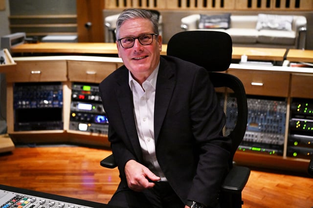 British Prime Minister Keir Starmer poses for photos in the studio, during a visit to Yash Raj Films, in Mumbai, India, October 8, 2025. Leon Neal/Pool via REUTERS