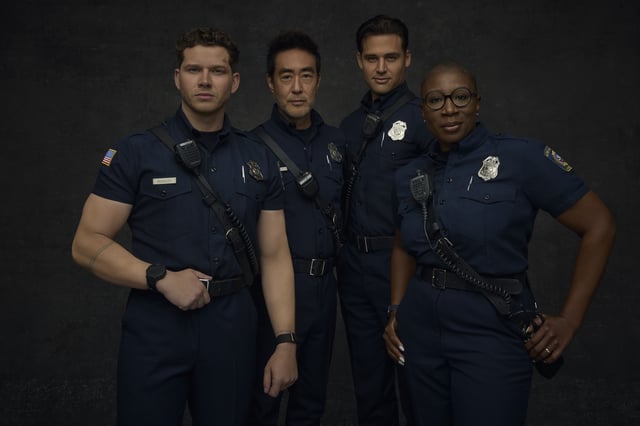 9-1-1 - ABC's Ò9-1-1Ó stars Oliver Stark as Buck, Kenneth Choi as Chimney, Ryan Guzman as Eddie, and Aisha Hinds as Hen. (Disney/Justin Stephens)