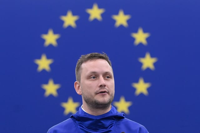 Prime Minister of Greenland Jens-Frederik Nielsen delivers a speech Wednesday, Oct. 8, 2025 at the European Parliament in Strasbourg, eastern France. (AP Photo/Pascal Bastien)