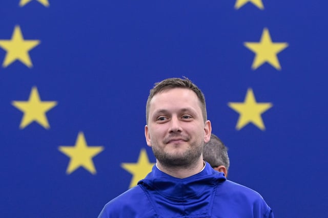 Prime Minister of Greenland Jens-Frederik Nielsen arrive to deliver a speech Wednesday, Oct. 8, 2025 at the European Parliament in Strasbourg, eastern France. (AP Photo/Pascal Bastien)