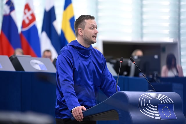 Prime Minister of Greenland Jens-Frederik Nielsen delivers a speech Wednesday, Oct. 8, 2025 at the European Parliament in Strasbourg, eastern France. (AP Photo/Pascal Bastien)