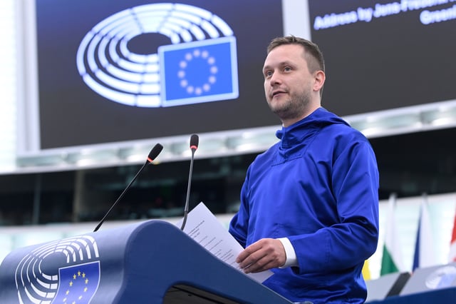 Prime Minister of Greenland Jens-Frederik Nielsen delivers a speech Wednesday, Oct. 8, 2025 at the European Parliament in Strasbourg, eastern France. (AP Photo/Pascal Bastien)