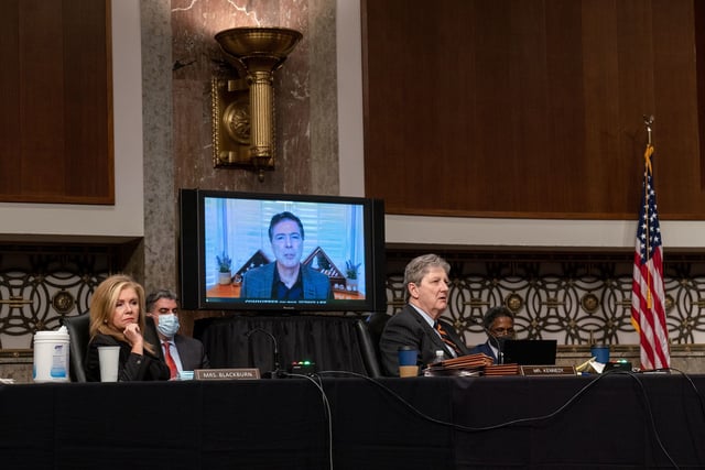 Former FBI Director James Comey appears remotely before a Senate Judiciary Committee hearing on September 30, 2020.