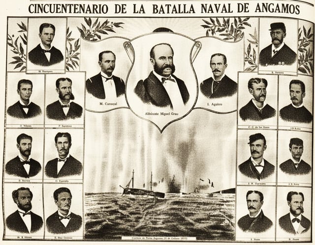 Imagen publicada en El Comercio en su edición del 8 de octubre de 1929, en el cincuentenario del Combate de Angamos o "Batalla Naval de Angamos", como se decía entonces. Se aprecia a Grau, sus oficiales y el monitor Huáscar en acción. (Foto: Archivo Histórico de El Comercio, restaurada con IA)