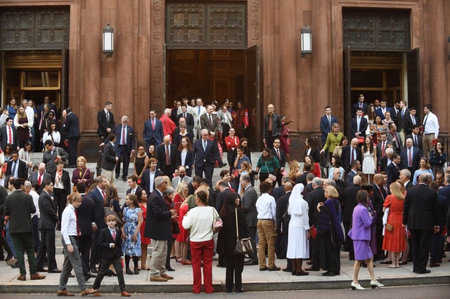 WASHINGTON, D.C., OCTOBER 6: Worshipers leave after celebrating the 72nd Annual Red Mass at the Cathedral of St. Matthew the Apostle in Washington, D.C., October 6, 2024. The mass, which is sponsored by the John Carroll Society, is held annually on the Sunday before the first Monday in October, which marks the beginning of the new term of the Supreme Court. The mass attempts to invoke God's blessings on officials and politicians primarily responsible for the administration of justice. Supreme Court Justices John G. Roberts, Brett M. Kavanaugh, and Amy Barrett attended the mass. (Astrid Riecken For The Washington Post via Getty Images)