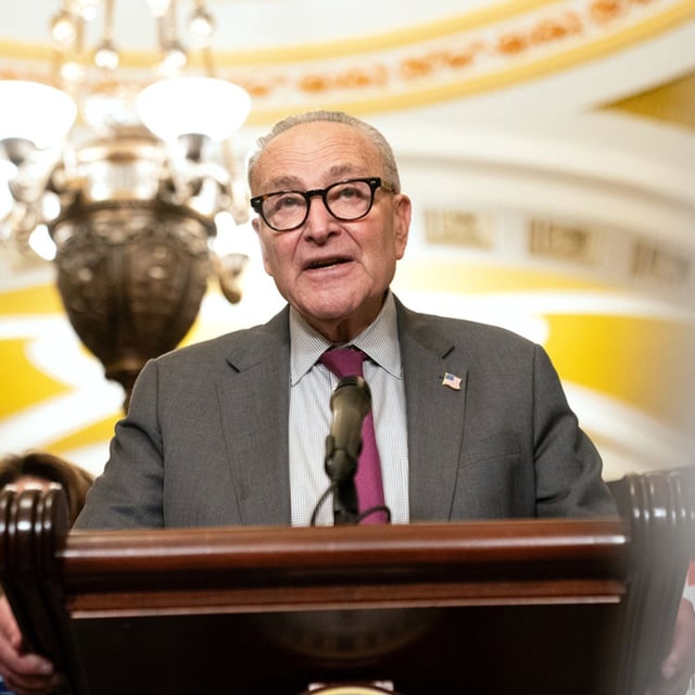 Senate Minority Leader Chuck Schumer, D-N.Y., speaks to reporters following the weekly Senate policy luncheon on Capitol Hill in Washington, Tuesday, Oct. 7, 2025. (AP Photo/Allison Robbert)