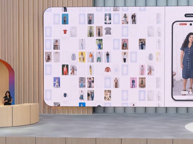 Shopping using the new Google AI Mode search on stage at Google I/O 2025