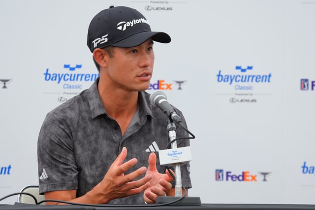 YOKOHAMA, JAPAN - OCTOBER 08: Collin Morikawa of the United States speaks in a press conference prior to the Baycurrent Classic Presented by LEXUS at Yokohama Country Club on October 08, 2025 in Yokohama, Japan. (Photo by Yoshimasa Nakano/Getty Images)