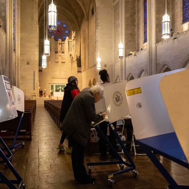 FILE - A voter casts a ballot at the Church of the Heavenly Rest in New York on Election Day, Tuesday, Nov. 5, 2024. (AP Photo/Yuki Iwamura, File)
