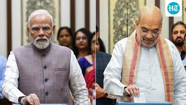 Prime Minister Narendra Modi and home minister Amit Shah during the recent vice-presidential election at Parliament House in New Delhi.
