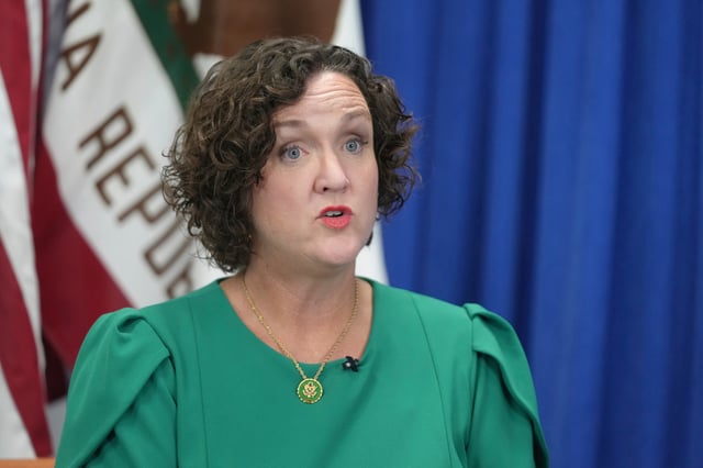 Katie Porter, who has announced her candidacy for governor of California, speaks during an interview ahead of the California Democratic Party's 2025 State Convention in Anaheim, California, on Friday, May, 30, 2025.