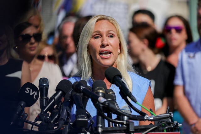 U.S. Representative Marjorie Taylor Greene (R-GA) speaks at a press conference alongside alleged victims of Jeffrey Epstein at the U.S. Capitol in Washington, D.C. on September 3, 2025, announcing the Epstein Files Transparency Act, which calls for the release of all unclassified documents in the Jeffrey Epstein case.