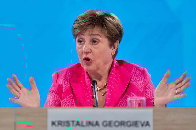 FILE - International Monetary Fund (IMF) Managing Director Kristalina Georgieva speaks during a news conference at the International Monetary Fund (IMF) headquarters in Washington, April 25, 2025. (AP Photo/Jose Luis Magana, File)