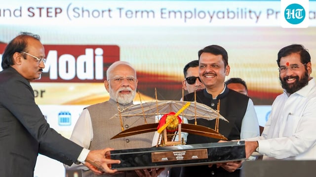 In this image received on Oct. 8, 2025, Prime Minister Narendra Modi with Maharashtra Chief Minister Devendra Fadnavis and Deputy Chief Ministers Ajit Pawar and Eknath Shinde during the inauguration of Phase 1 of the Navi Mumbai International Airport and launch of other development projects, in Navi Mumbai, Maharashtra. (PMO via PTI Photo)