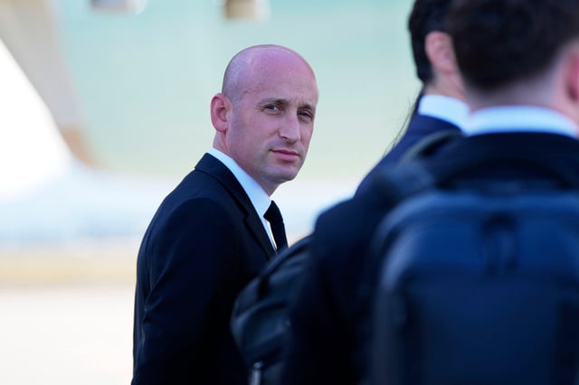 Stephen Miller, White House deputy chief of staff, departs, Sunday, Sept. 21, 2025, at Luke Air Force Base, Arizona, following a memorial for conservative activist Charlie Kirk.