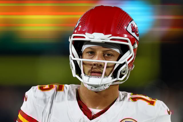 JACKSONVILLE, FLORIDA - OCTOBER 06: Patrick Mahomes #15 of the Kansas City Chiefs looks on before the game against the Jacksonville Jaguars at EverBank Stadium on October 06, 2025 in Jacksonville, Florida. (Photo by Mike Carlson/Getty Images)