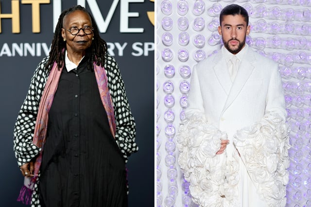 (L) Whoopi Goldberg attends "SNL50: The Anniversary Special" on February 16, 2025 in New York City. (R) Bad Bunny attends The 2023 Met Gala Celebrating "Karl Lagerfeld: A Line Of Beauty" at The Metropolitan Museum of Art on May 1, 2023 in New York City.