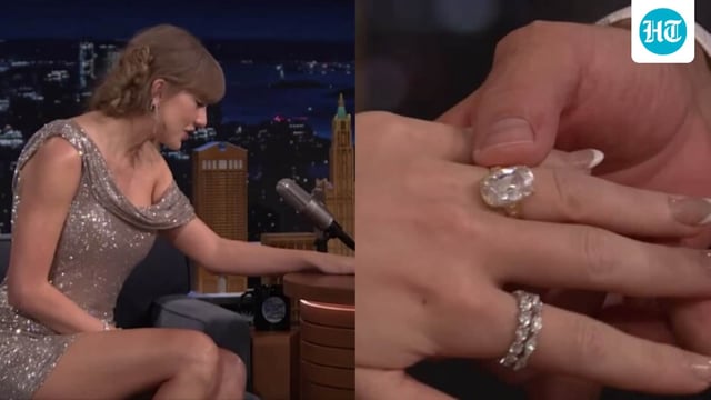 Taylor Swift wore sparkly wedding bands on her left index finger during an appearance on The Tonight Show after her engagement to Travis Kelce