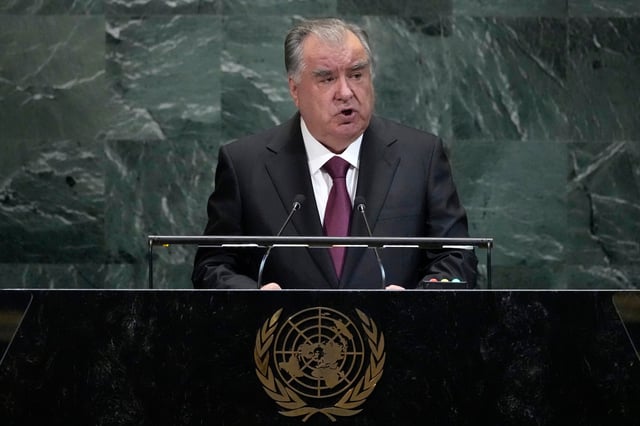 President of Tajikistan, Emomali Rahmon, addresses the 80th session of the United Nations General Assembly, Tuesday, Sept. 23, 2025, at U.N. headquarters. (AP Photo/Pamela Smith)
