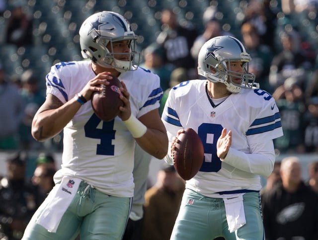 PHILADELPHIA, PA - JANUARY 1: Dak Prescott #4 and Tony Romo #9 of the Dallas Cowboys warm up prior to the game against the Philadelphia Eagles at Lincoln Financial Field on January 1, 2017 in Philadelphia, Pennsylvania. The Eagles defeated the Cowboys 27-13. (Photo by Mitchell Leff/Getty Images)