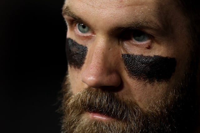 LOS ANGELES, CALIFORNIA - SEPTEMBER 17: Bryce Harper #3 of the Philadelphia Phillies looks on before the game against the Los Angeles Dodgers at Dodger Stadium on September 17, 2025 in Los Angeles, California. (Photo by Luke Hales/Getty Images)