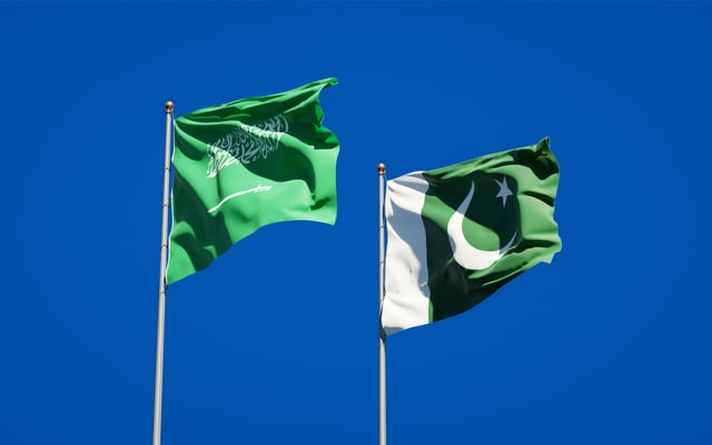 Beautiful national state flags of Saudi Arabia and Pakistan together at the sky background. 3D artwork concept.