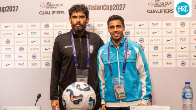 India head coach Khalid Jamil (L) with forward Vikram Partap Singh at the media conference in Singapore on Wednesday. (AIFF)
