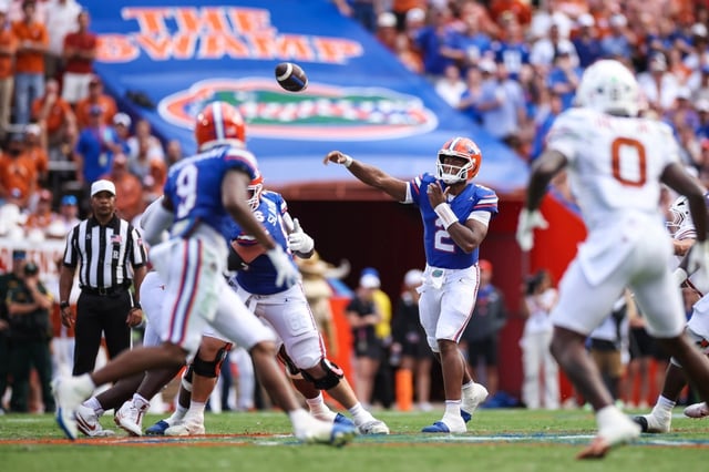 DJ Lagway #2 of the Florida Gators throws a pass during the first half of a game against the Texas Longhorns at Ben Hill Griffin Stadium on Oct. 04, 2025 in Gainesville, Florida. (Photo by James Gilbert/Getty Images)