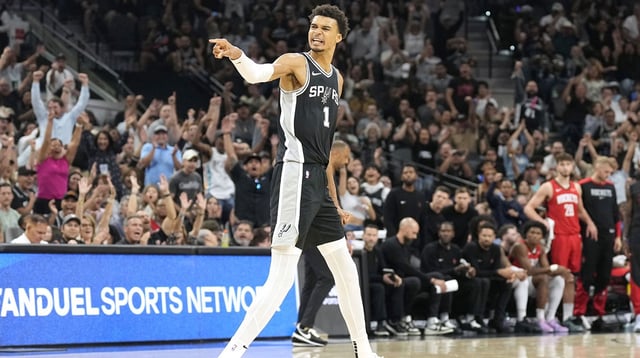 Oct 28, 2024; San Antonio, Texas, USA; San Antonio Spurs center Victor Wembanyama (1) reacts during the second half against the Houston Rockets at Frost Bank Center. Mandatory Credit: Scott Wachter-Imagn Images