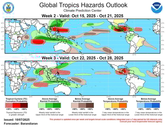 This image shows the tropical hazards outlook through Oct. 28 from the National Weather Service’s Climate Prediction Center. The map highlights areas with increased tropical development potential in the southern Gulf of Mexico, western Caribbean Sea, and eastern Pacific Ocean as the Central American Gyre — a broad, slowly rotating system of low atmospheric pressure — becomes more active.