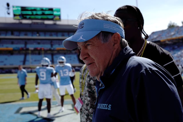 CHAPEL HILL, NORTH CAROLINA - OCTOBER 4: Head coach Bill Belichick of the North Carolina Tar Heels looks on prior to the game against the Clemson Tigers at Kenan Memorial Stadium on October 4, 2025 in Chapel Hill, North Carolina. (Photo by Lance King/Getty Images)