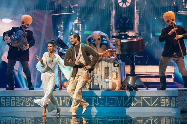 DANCING WITH THE STARS - "Disney Night" - It's the most enchanting night of the season as "Dancing with the Stars" celebrates the spirit of Disney, in honor of the Disneyland Resort 70th Celebration. The 11 remaining couples take the ballroom on a wondrous journey, dancing to songs inspired by beloved Disney films and attractions. TUESDAY, OCT. 7 (8:00-10:00 p.m. EDT) on ABC. (Disney/Eric McCandless) 
HILARIA BALDWIN, GLEB SAVCHENKO  (Photo by Eric McCandless/Disney via Getty Images)