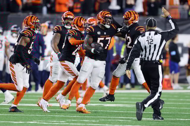 Dec 28, 2024; Cincinnati, Ohio, USA;  Cincinnati Bengals linebacker Germaine Pratt (57) celebrates following his interception during the fourth quarter against the Denver Broncos at Paycor Stadium. Mandatory Credit: Joseph Maiorana-Imagn Images