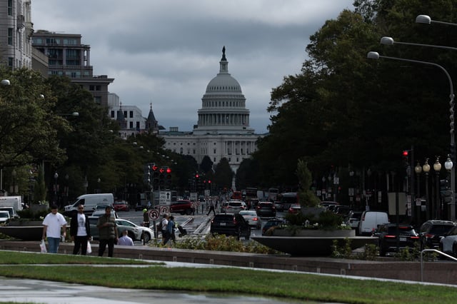 A general view of the U.S. Capitol from downtown Washington during the continuing partial federal government shutdown on Capitol Hill in Washington, D.C., U.S., October 8, 2025. REUTERS/Jonathan Ernst