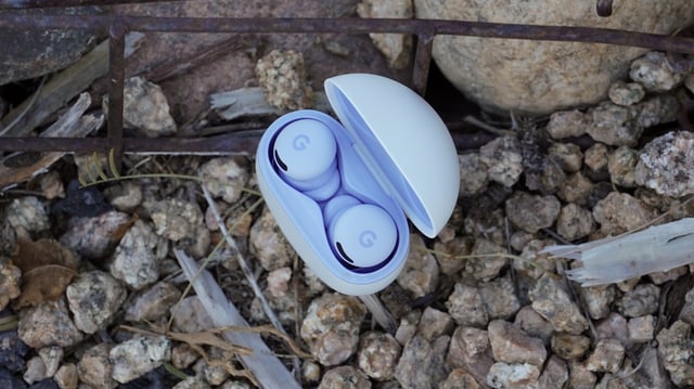 The Google Pixel Buds 2a (left) beside the Pixel Buds Pro 2 (right). 