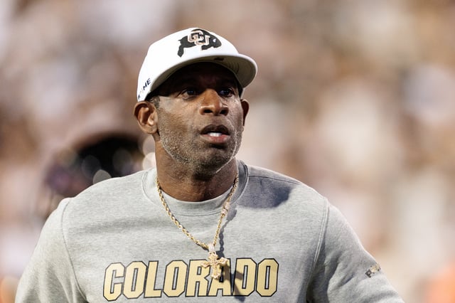 BOULDER, COLORADO - SEPTEMBER 20: Head coach Deion Sanders of the Colorado Buffaloes runs on field prior to the game against the Wyoming Cowboys at Folsom Field on September 20, 2025 in Boulder, Colorado. (Photo by Andrew Wevers/Getty Images)