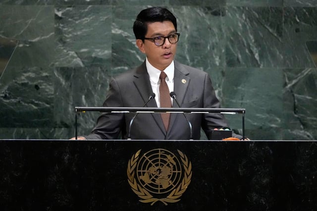 President of Madagascar Andry Nirina Rajoelina addresses the 80th session of the United Nations General Assembly, Wednesday, Sept. 24, 2025, at U.N. headquarters. (AP Photo/Pamela Smith)